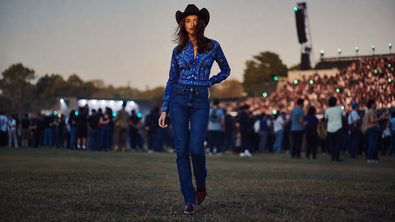 Model wearing Colombian denim jeans and a blue toile western shirt at an outdoor concert