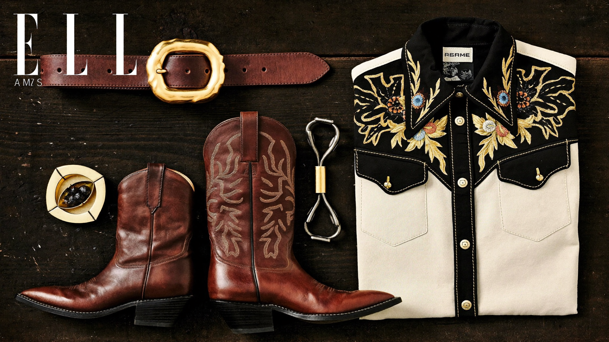 Western accessories flat lay editorial - turquoise jewelry, leather belt, boots