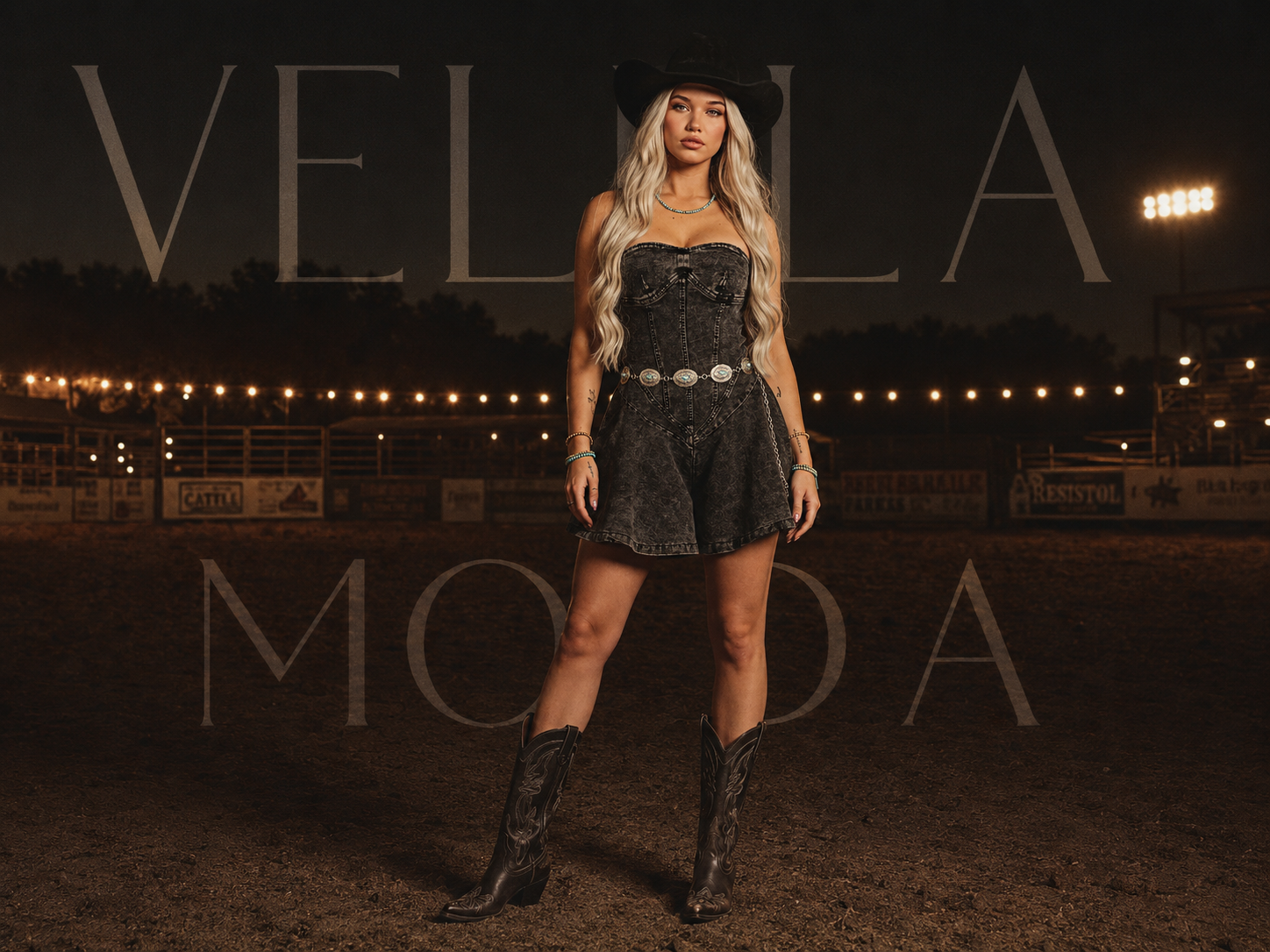 Vellamoda model in the Midnight Rodeo Vintage Wash Strapless Denim Romper at a rodeo arena