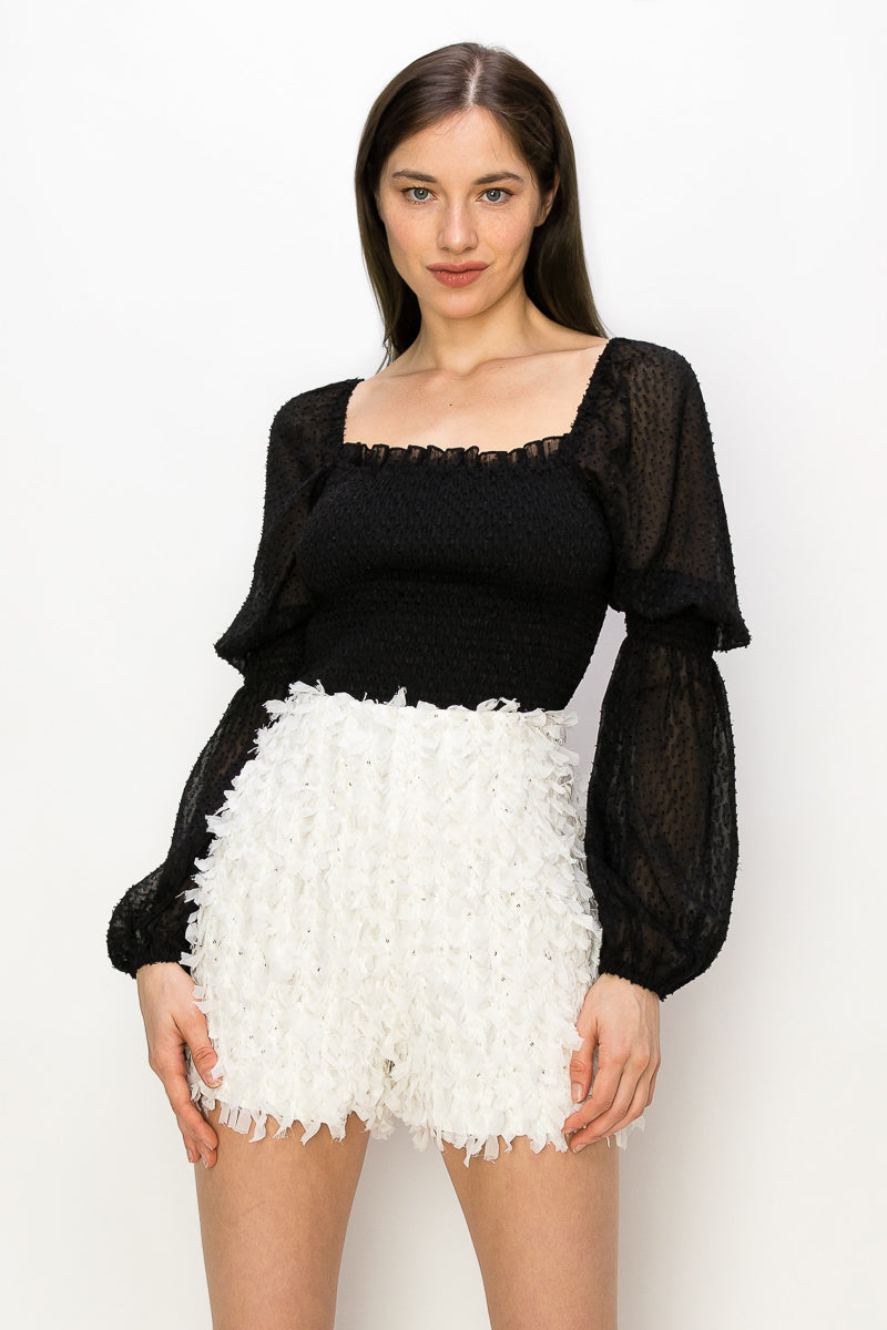 Square Neck Puff Long Sleeve Smocking Detail Blouse - Vella Moda