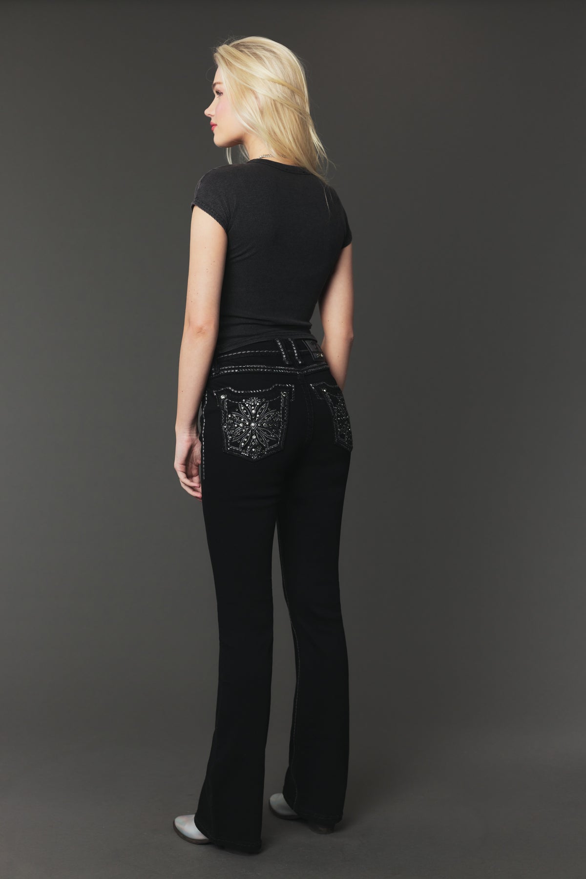 Back model view of Answer Me A1146 black embroidered bootcut jeans
