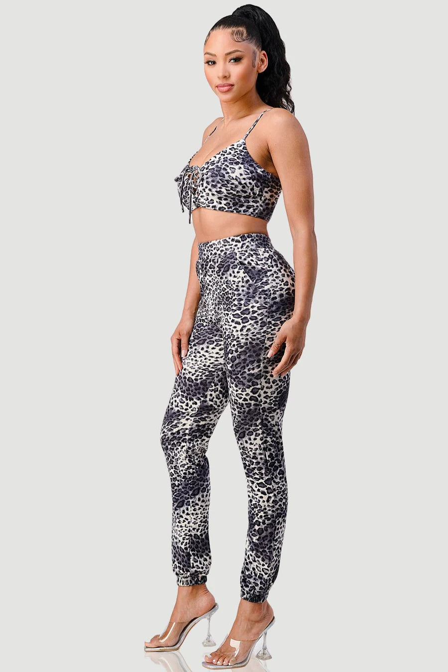 SEXY ANIMAL PRINT FRONT DRAWSTRING LACE-UP CROPPED TOP AND JOGGER PANTS SET