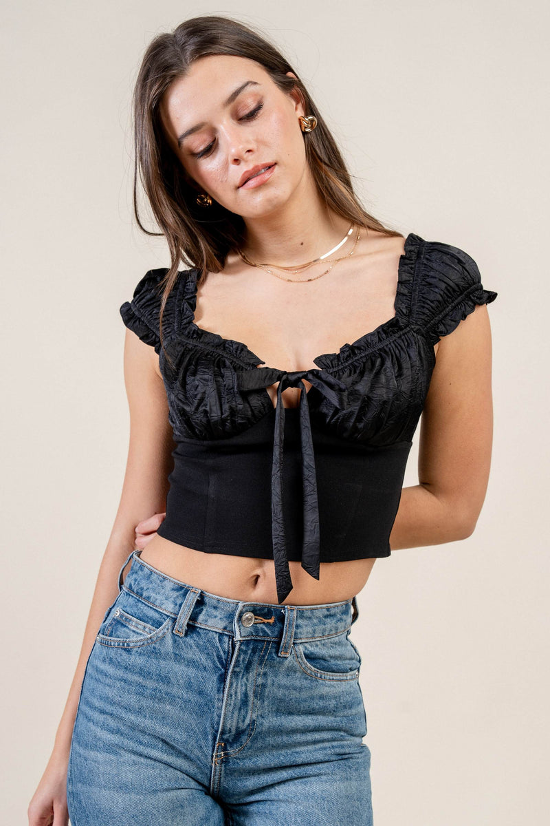 Satin Tie-Front Ruffle Bustier Crop Top