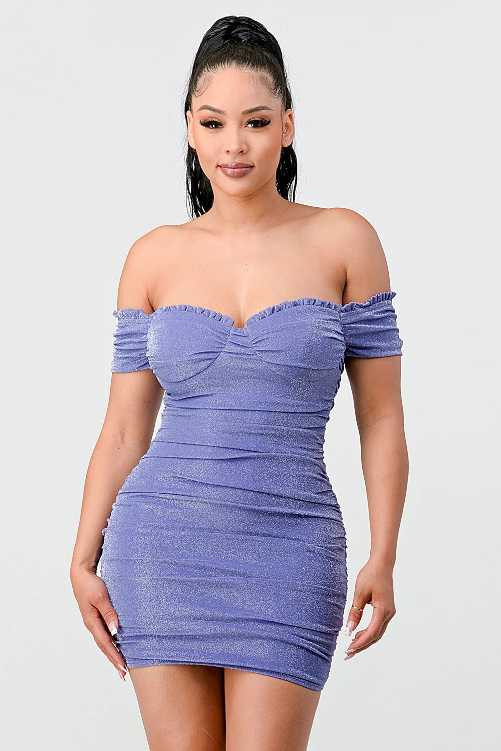LUX SHINY METALIC GLITTER RUFFLED OFF SHOULDER BODYCON MINI DRESS