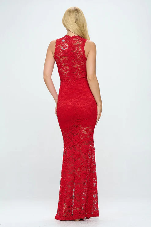 Deep V neck lace mermaid maxi dress by Bella Moda Latina, featuring intricate lace details and a fitted silhouette.