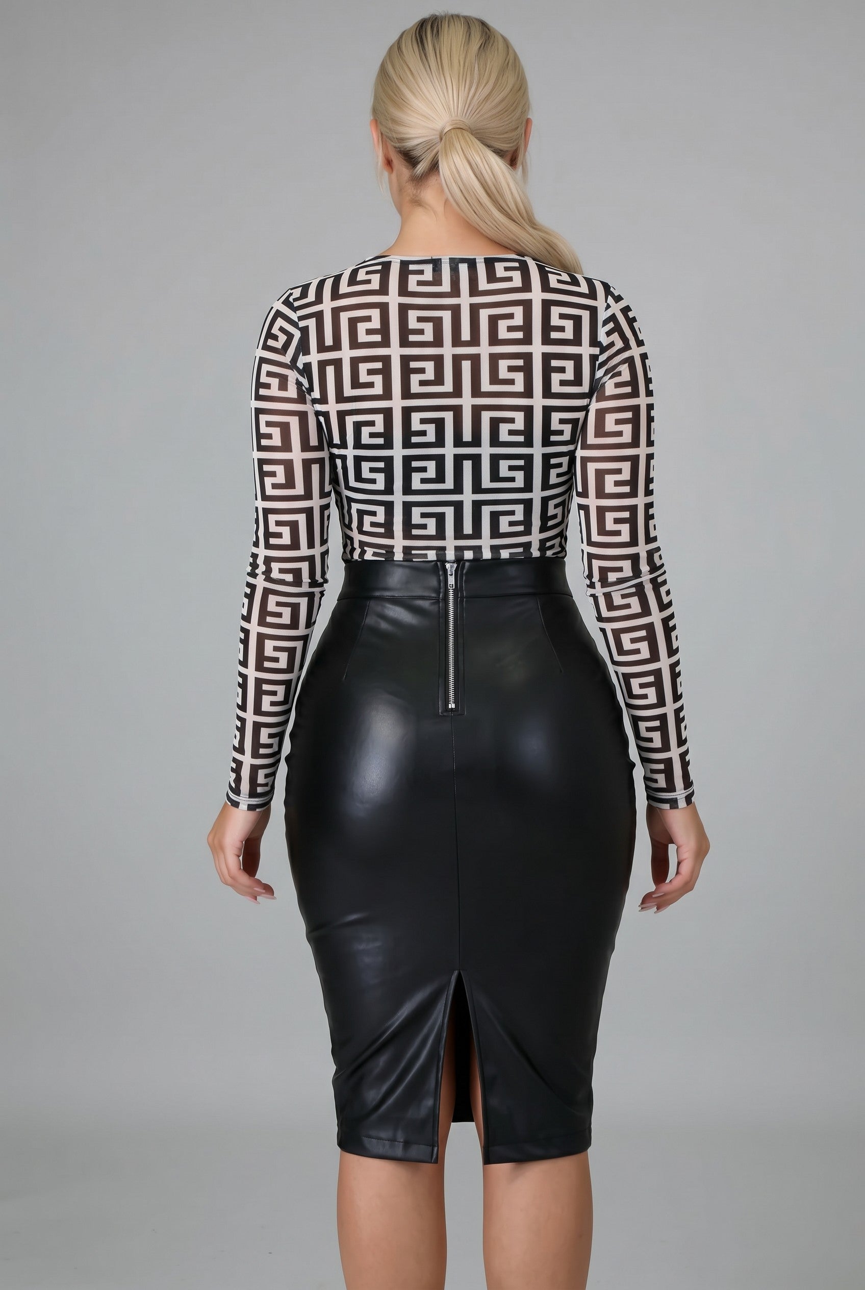 Faux Leather Front-Zip Midi Pencil Skirt