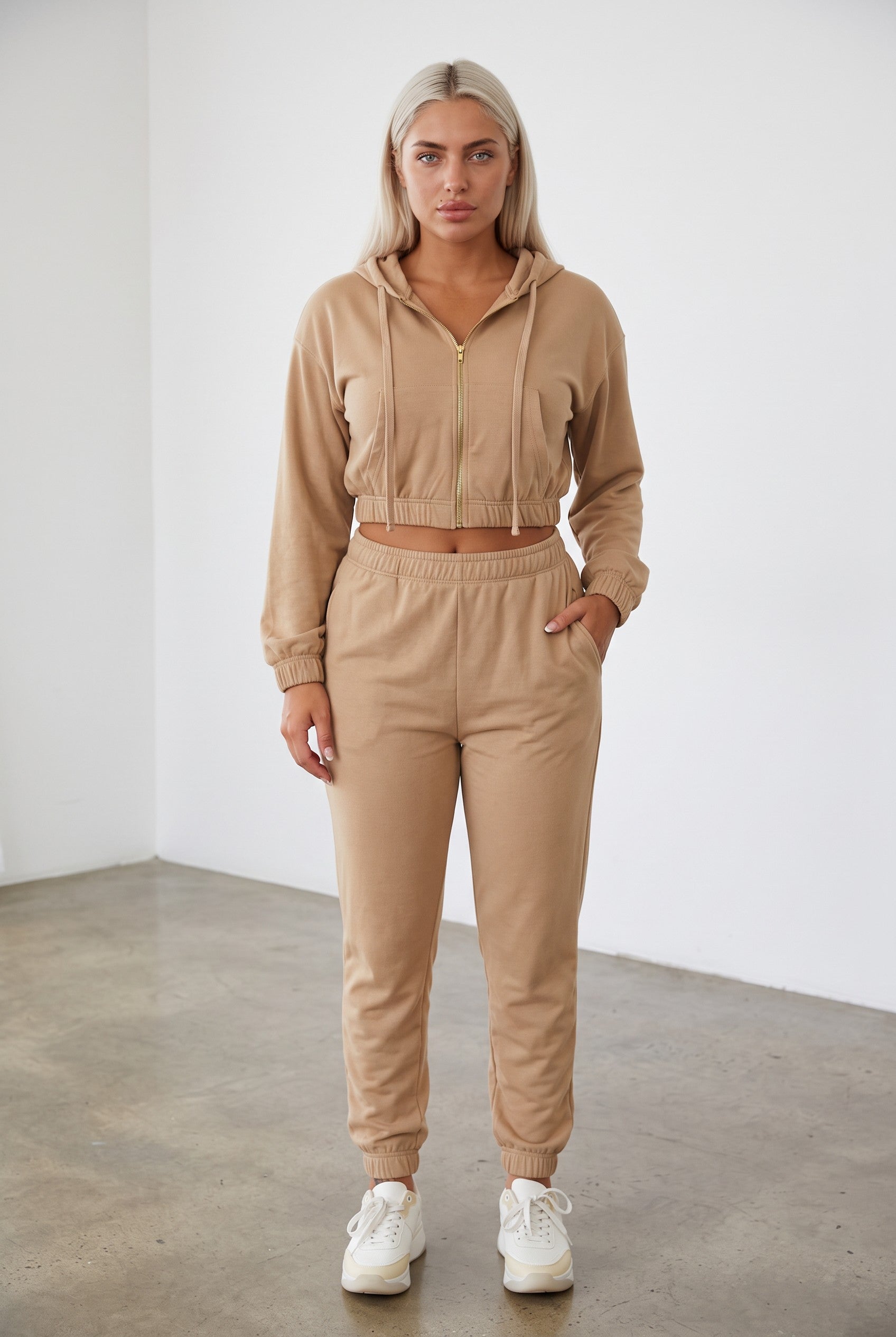 French Terry Cropped Zip-Up Hoodie & Jogger Set