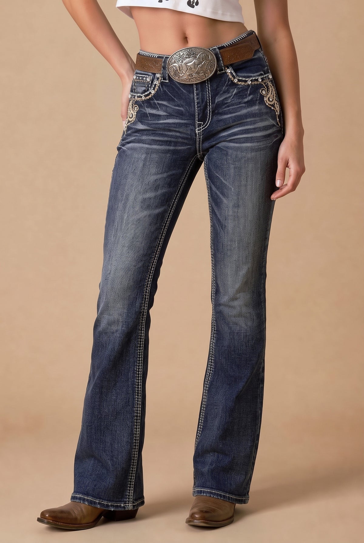 Full front view of Western Blue W262 medium-wash bootcut jeans
