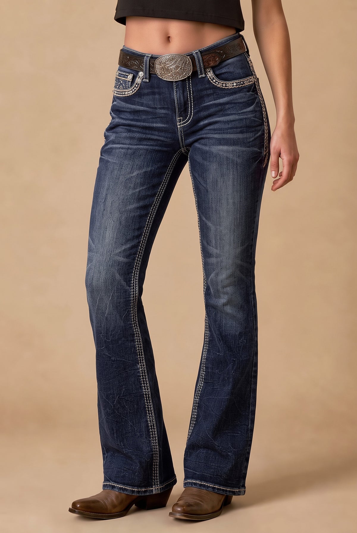 Full front view of Western Blue W264 medium-wash bootcut jeans
