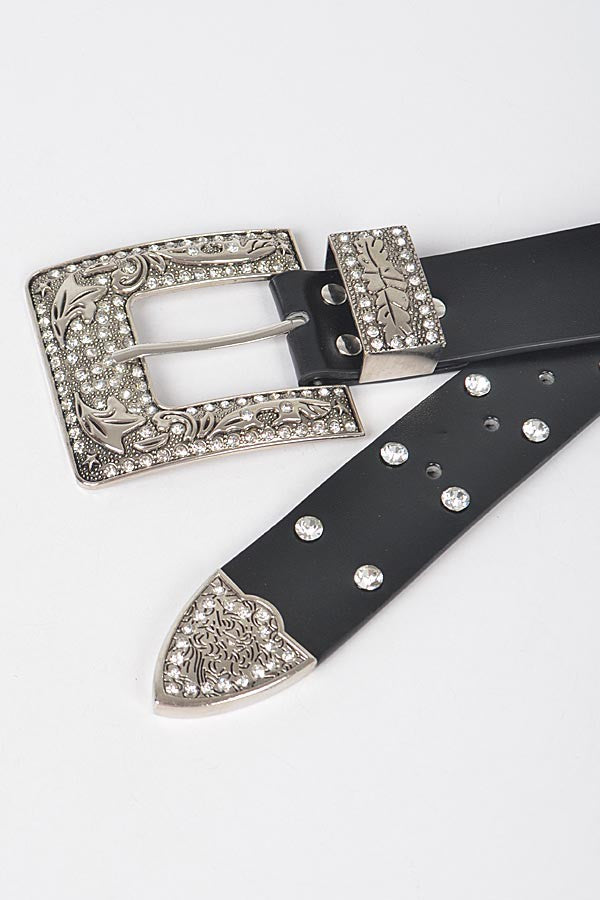 Black Studded Crystal Western Engraved Buckle Belt