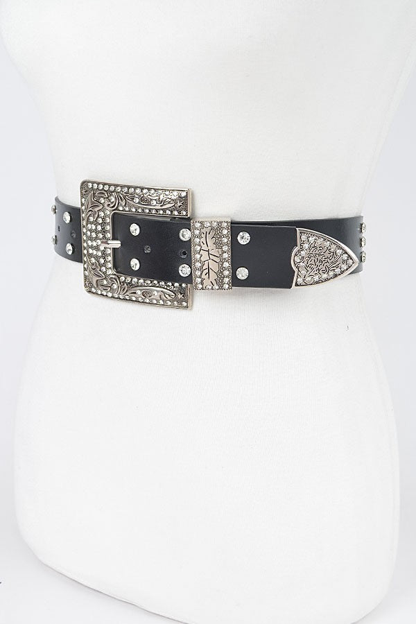 Black Studded Crystal Western Engraved Buckle Belt