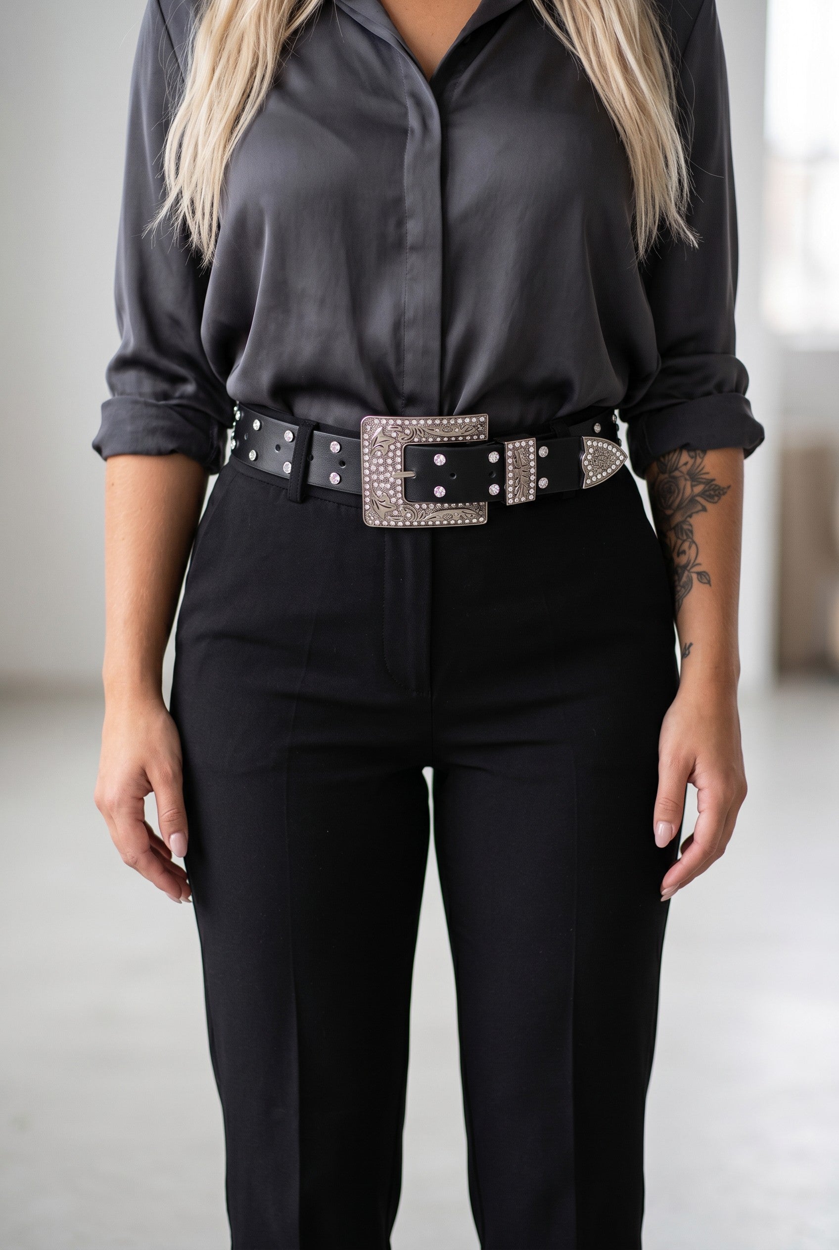Black Studded Crystal Western Engraved Buckle Belt