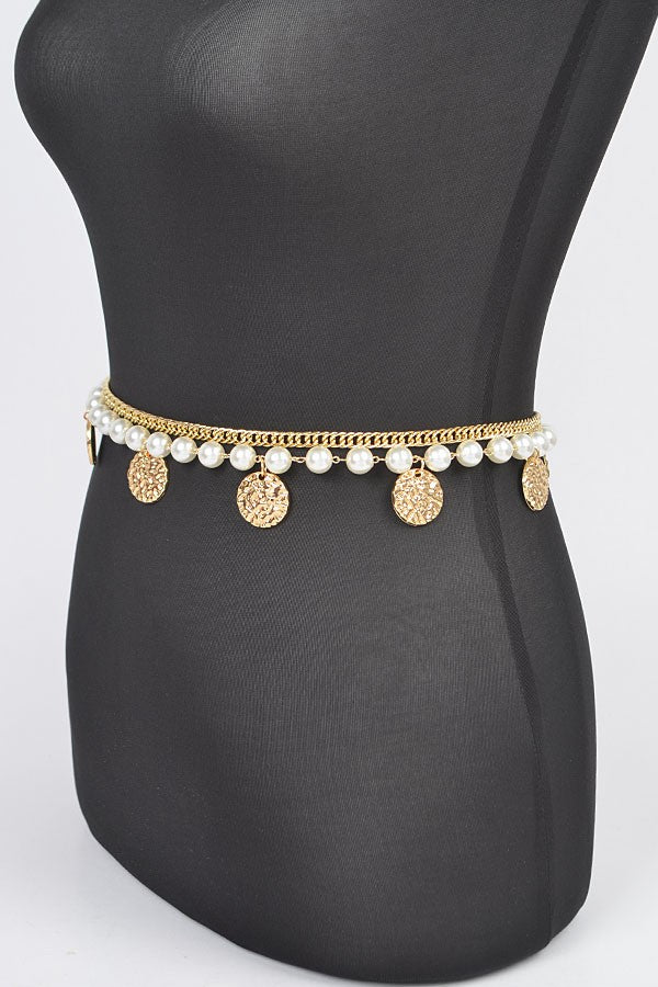 Pearl & Hammered Coin Layered Chain Belt