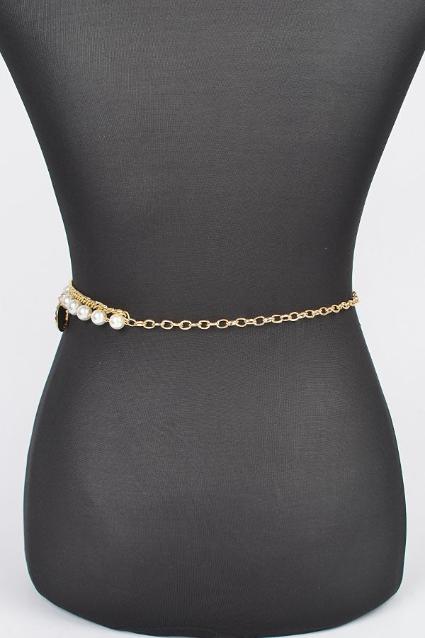 Pearl & Hammered Coin Layered Chain Belt