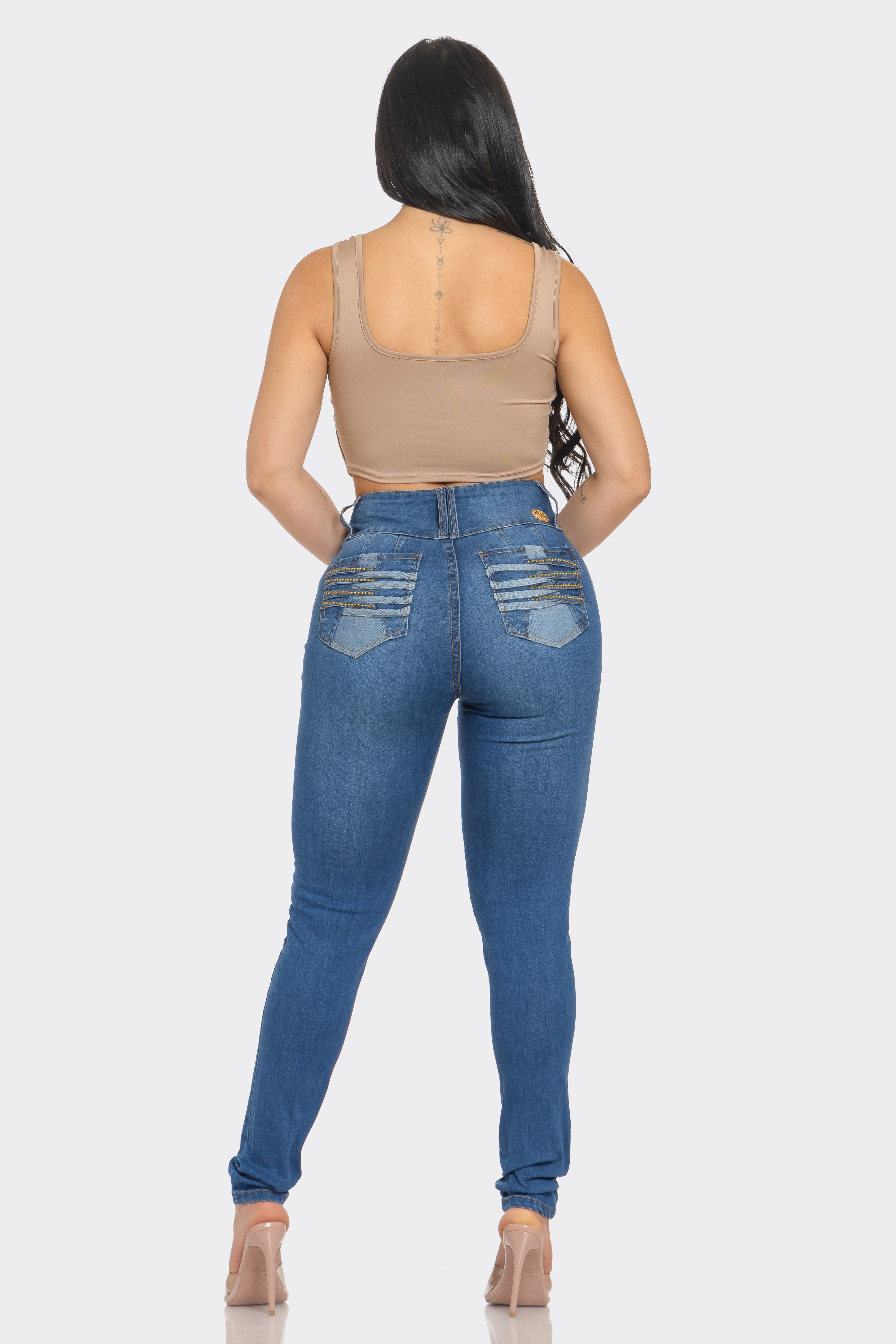 Push-Up Colombian Skinny Jeans with Rhinestone Pocket Detail – Dark Blue