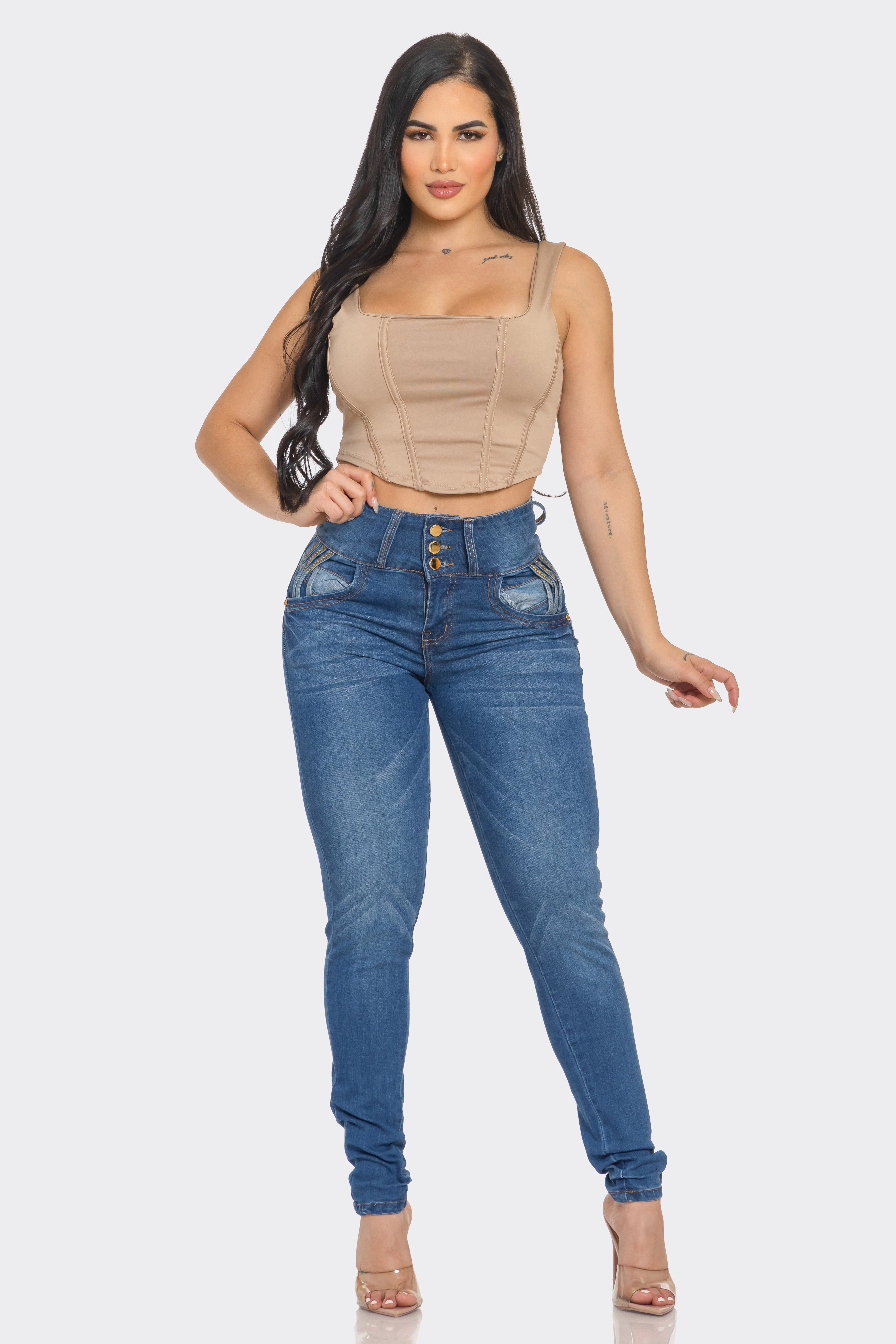 Push-Up Colombian Skinny Jeans with Rhinestone Pocket Detail – Dark Blue