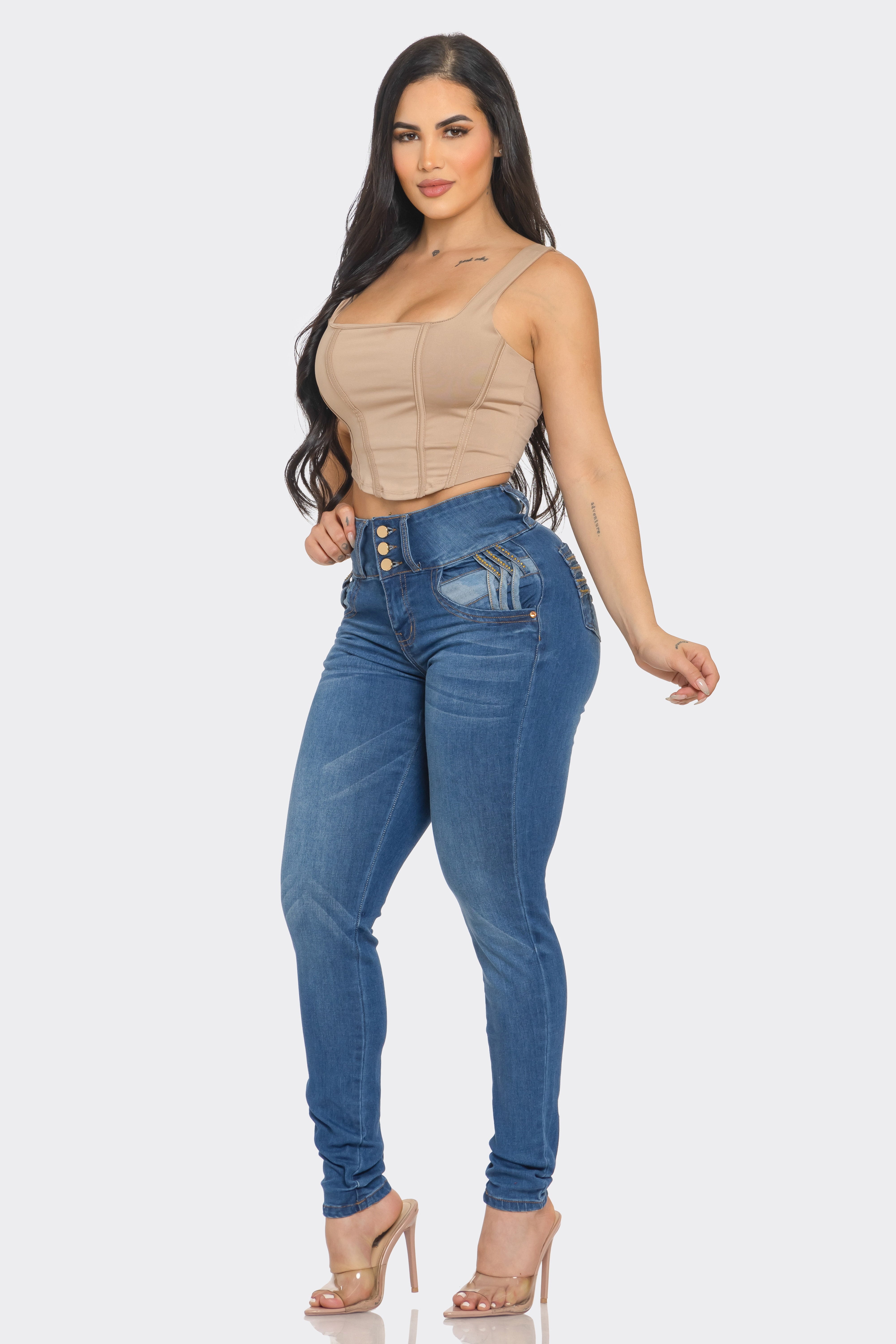 Push-Up Colombian Skinny Jeans with Rhinestone Pocket Detail – Dark Blue