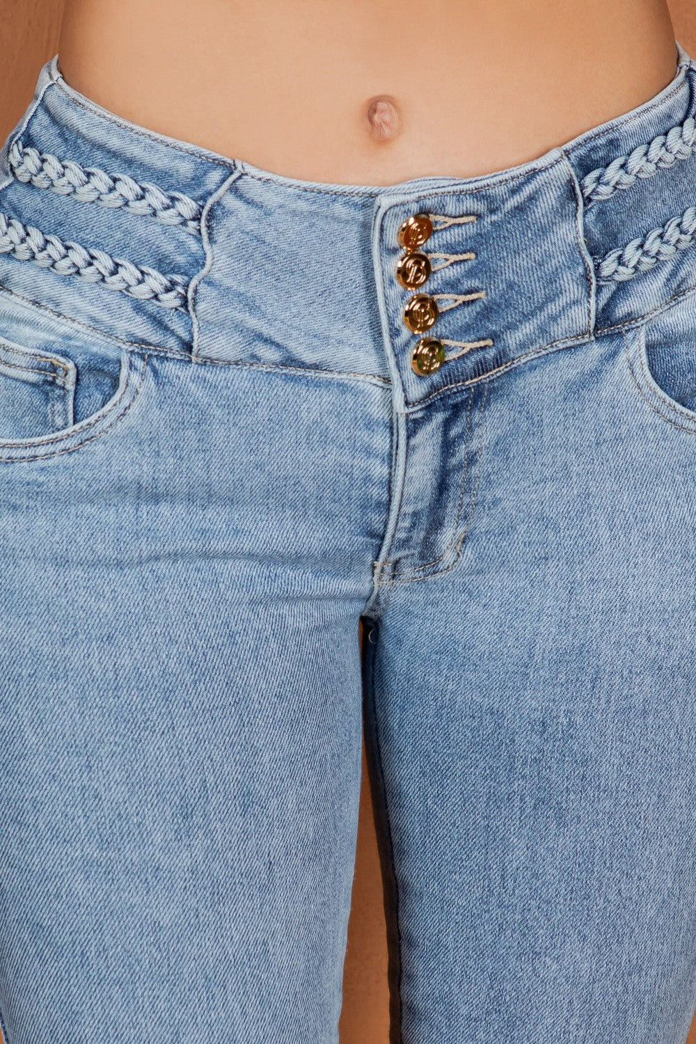Push-Up Colombian Skinny Jeans with Braided Waist Detail – Light Blue