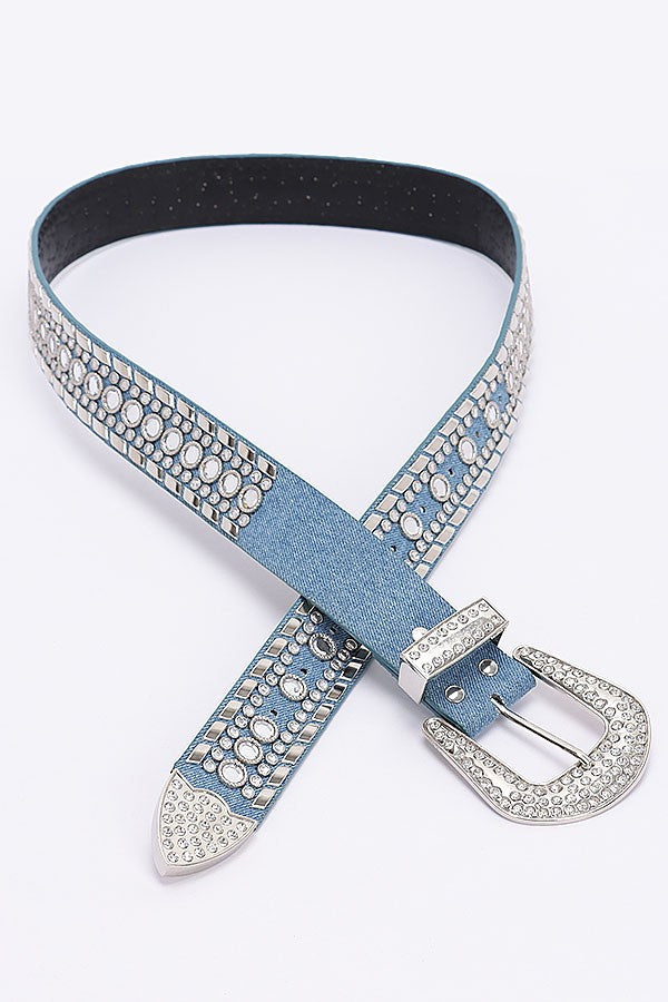 Denim Rhinestone Studded Western Buckle Belt
