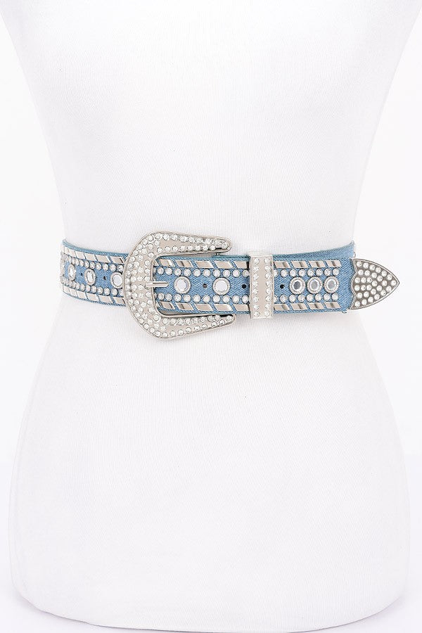 Denim Rhinestone Studded Western Buckle Belt