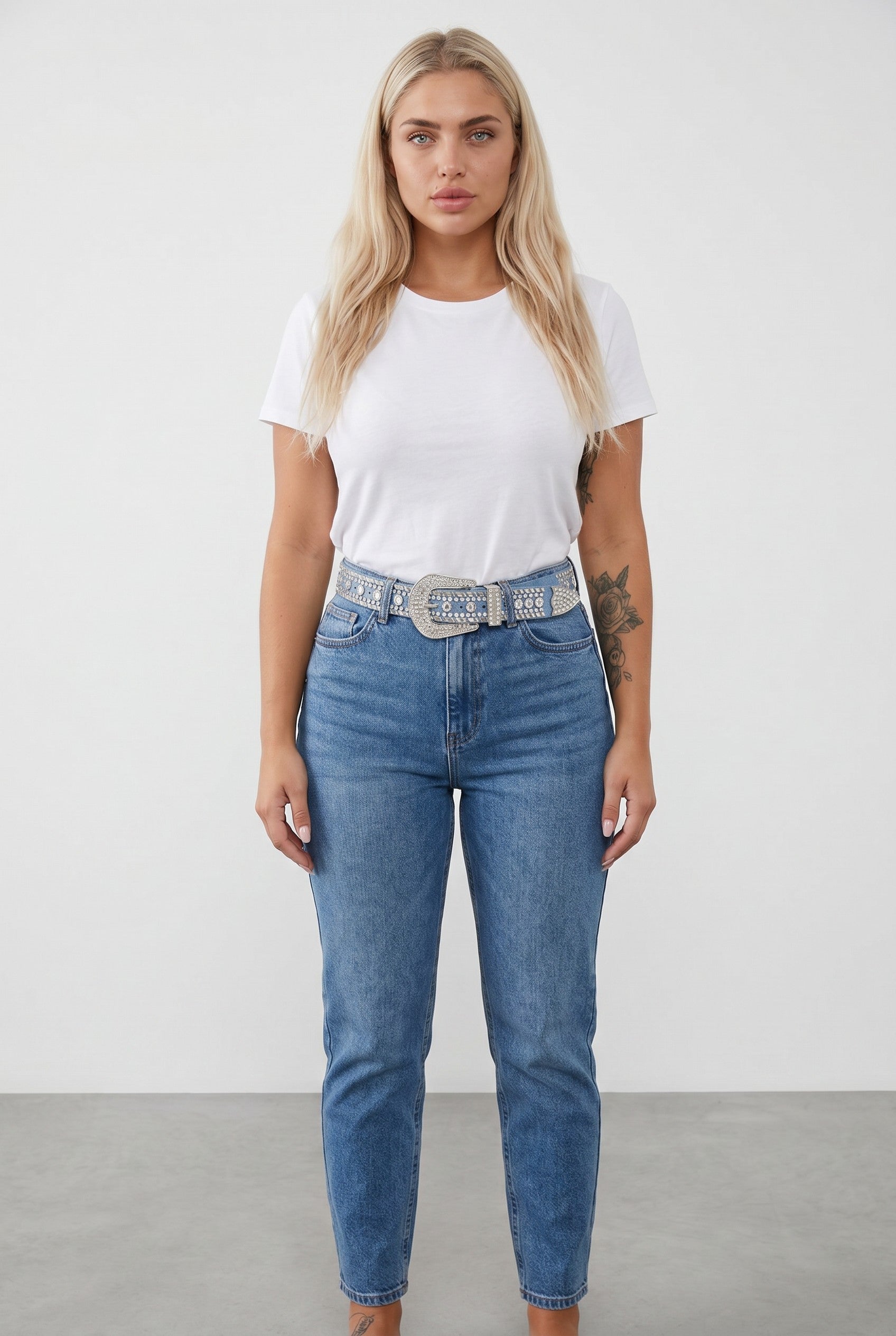 Denim Rhinestone Studded Western Buckle Belt