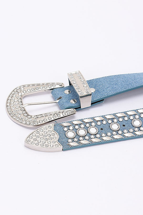 Denim Rhinestone Studded Western Buckle Belt