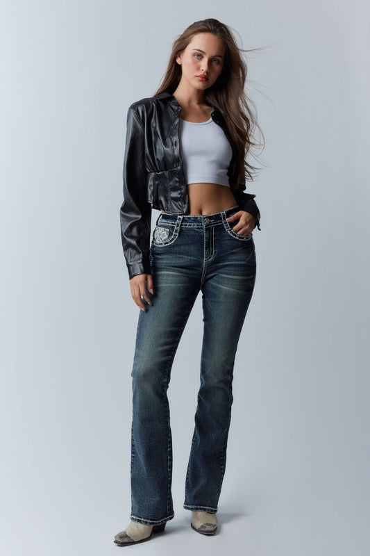 Crystal Cross Embroidered Bootcut Jeans – Dark Wash | Answer Me