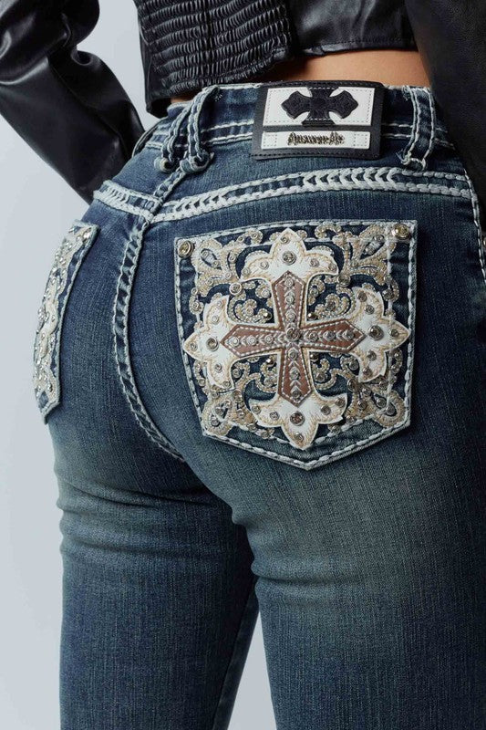 Crystal Cross Embroidered Bootcut Jeans – Dark Wash | Answer Me