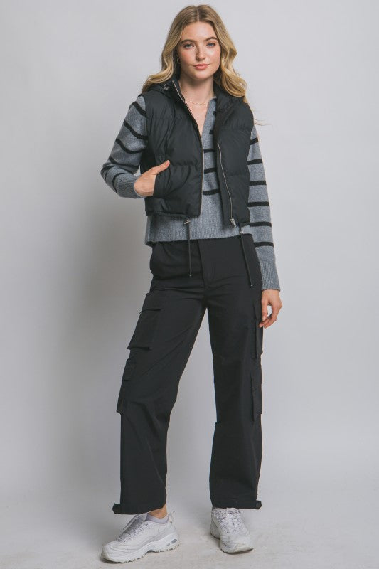 Cropped Puffer Vest with Hood & Adjustable Drawstrings