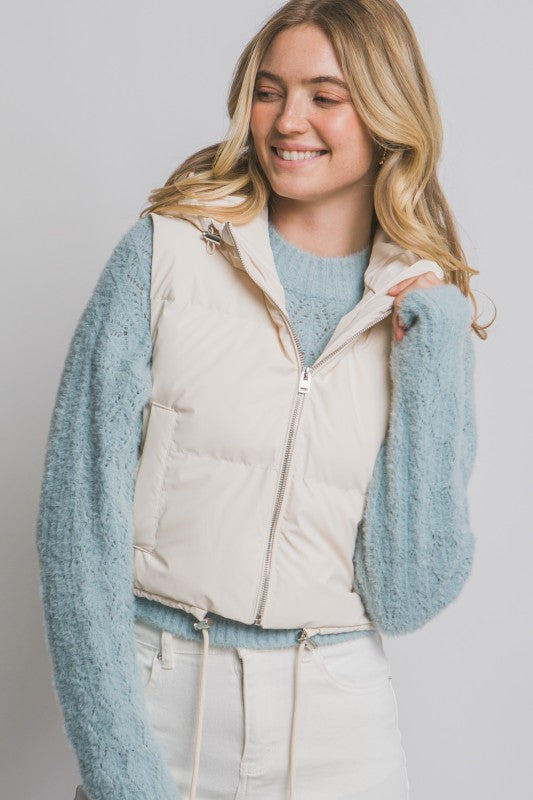 Cropped Puffer Vest with Hood & Adjustable Drawstrings