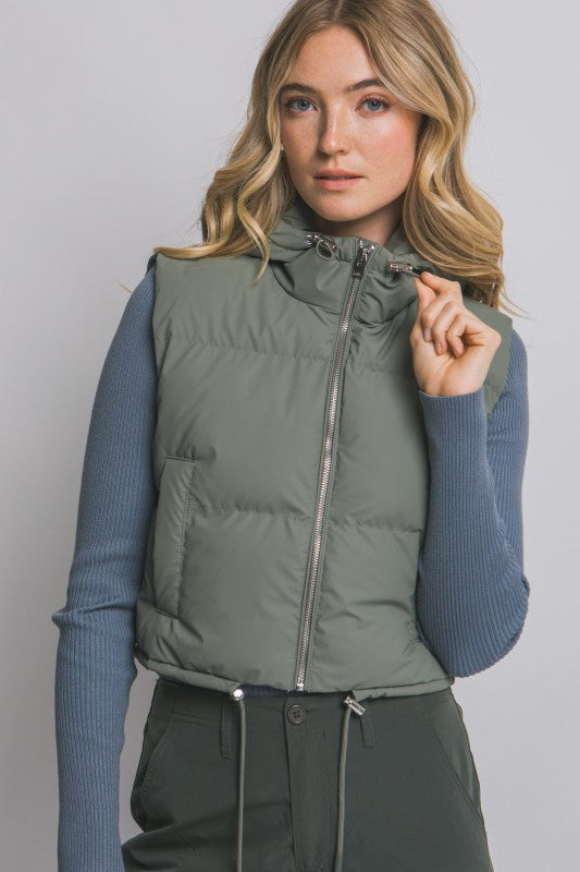 Cropped Puffer Vest with Hood & Adjustable Drawstrings