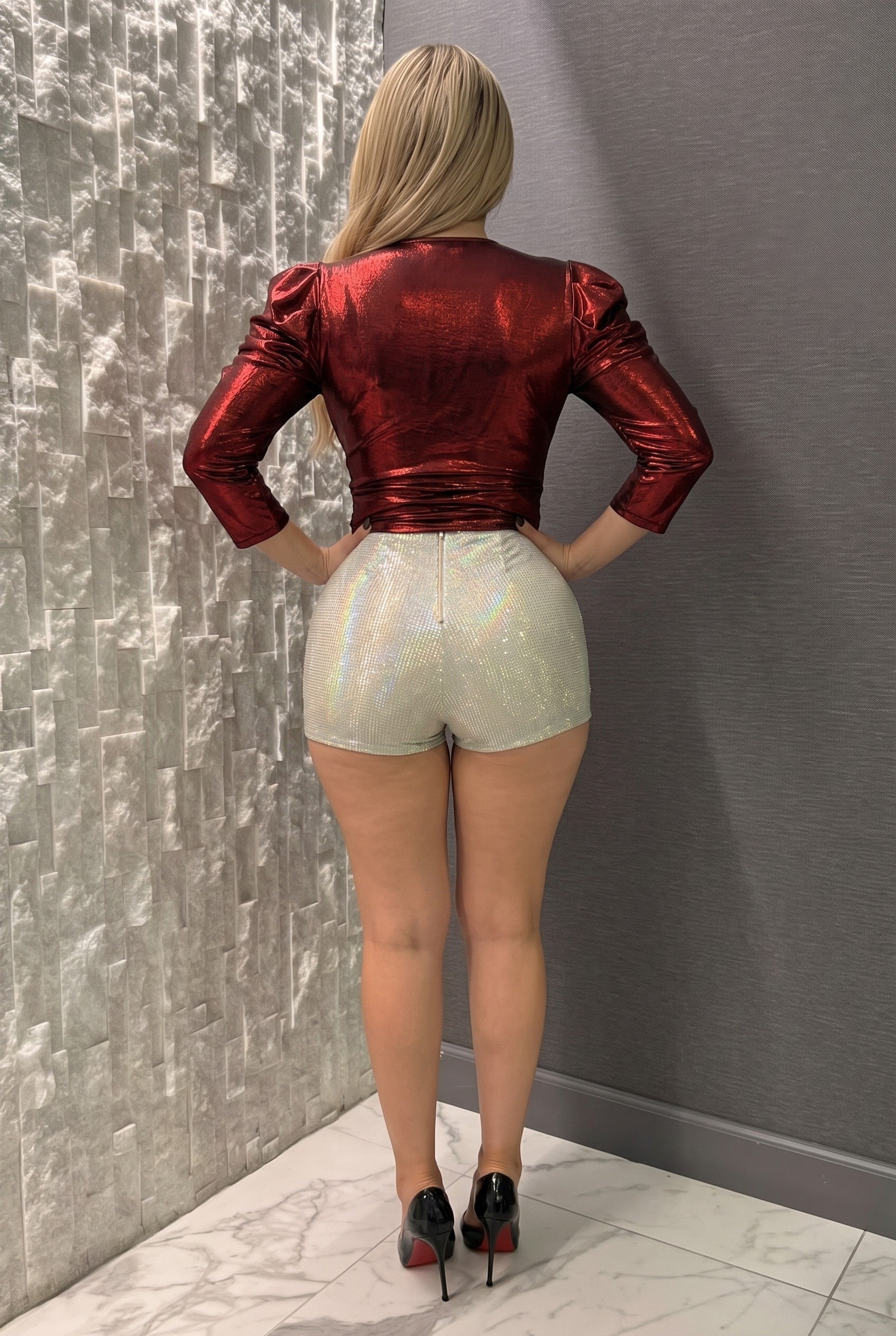 Metallic Surplice Puff Sleeve Bodysuit