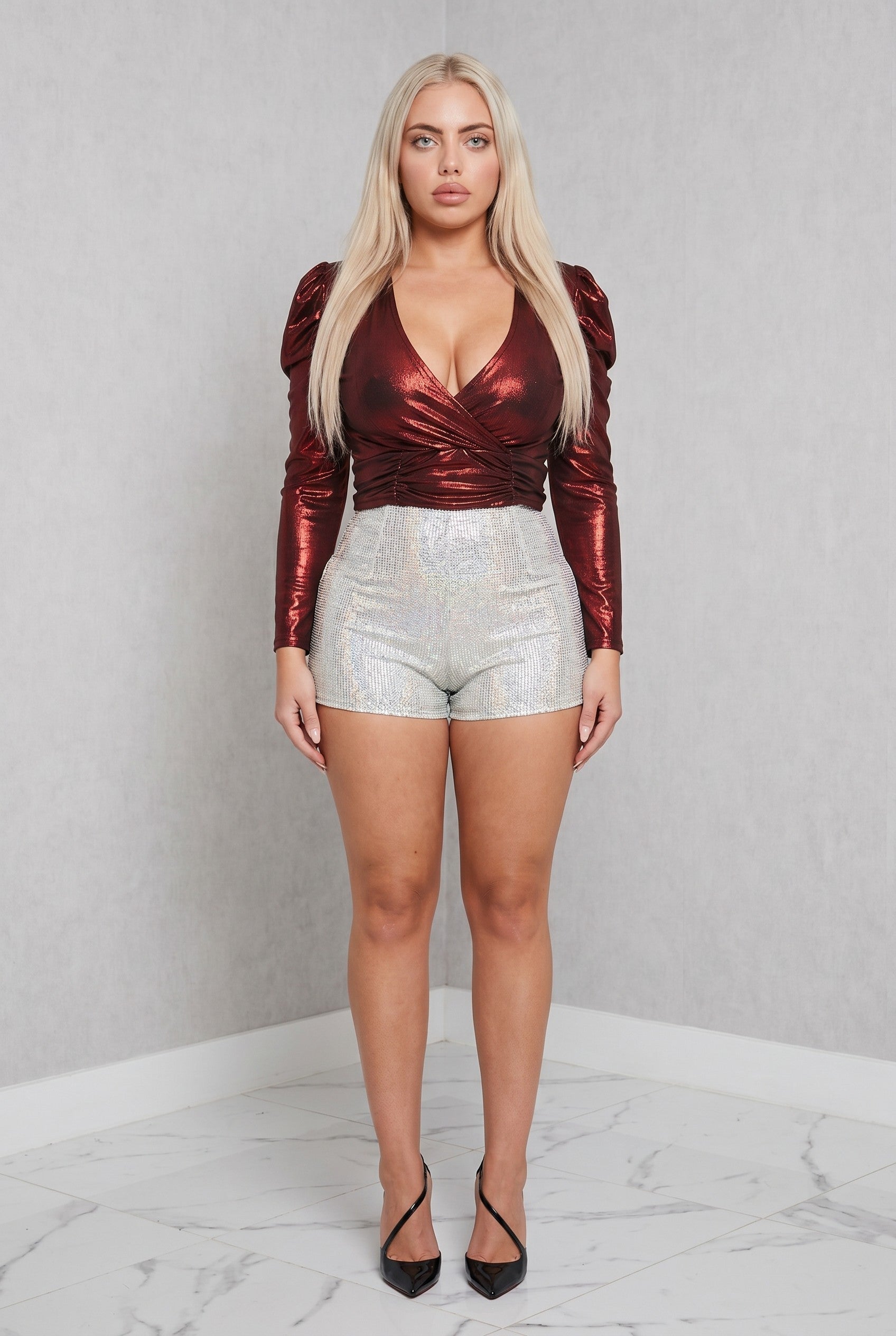 Metallic Surplice Puff Sleeve Bodysuit