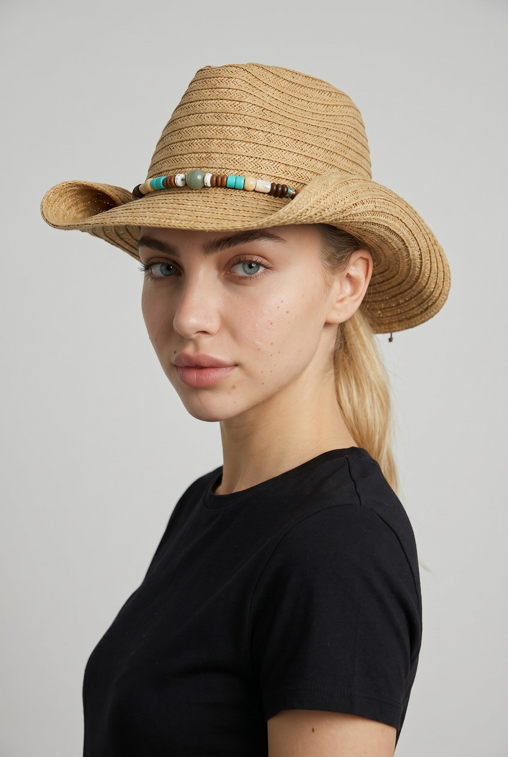 Boho Straw Cowboy Hat with Turquoise & Wood Beaded Band – Tan