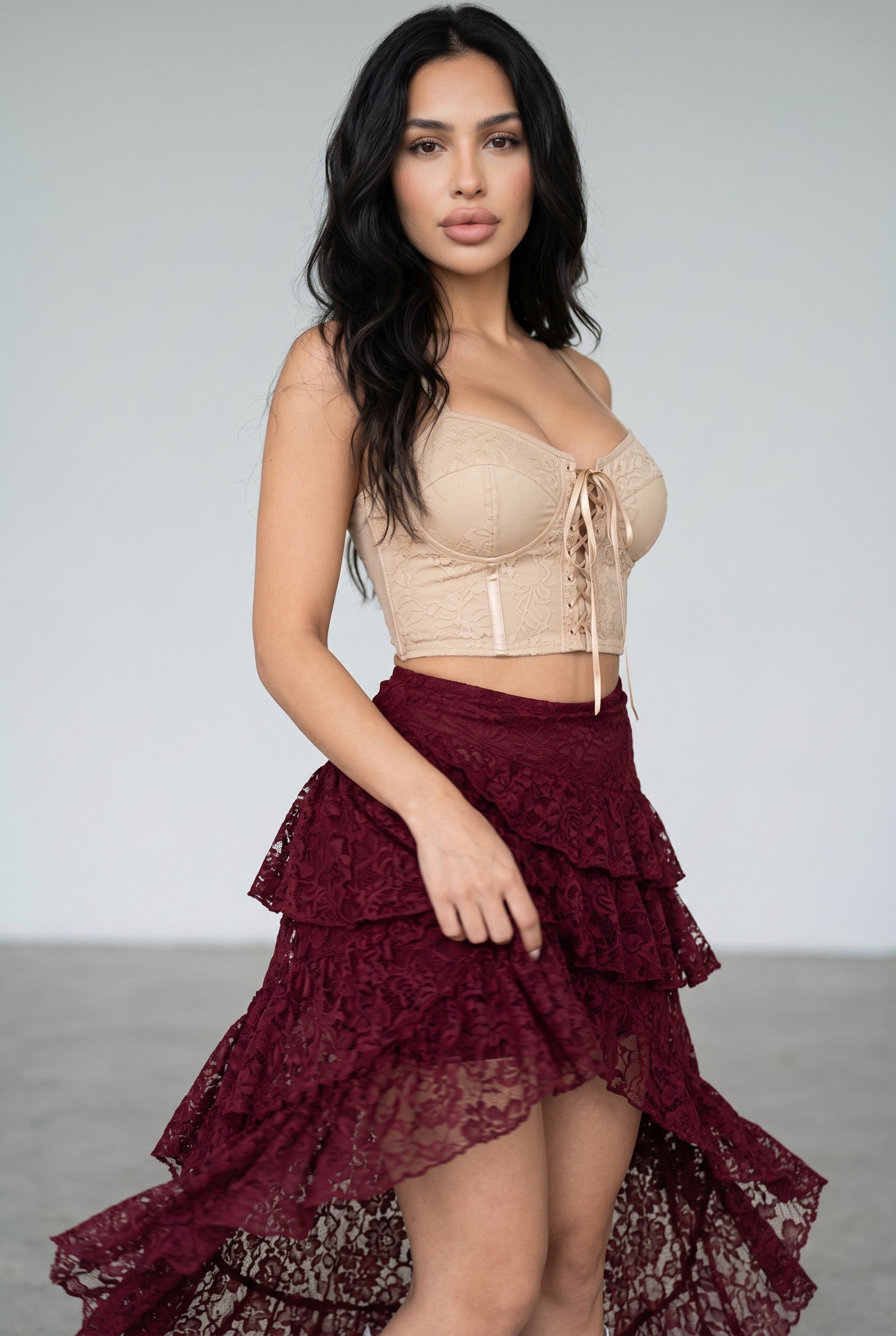 Burgundy Lace High-Low Ruffle Maxi Skirt