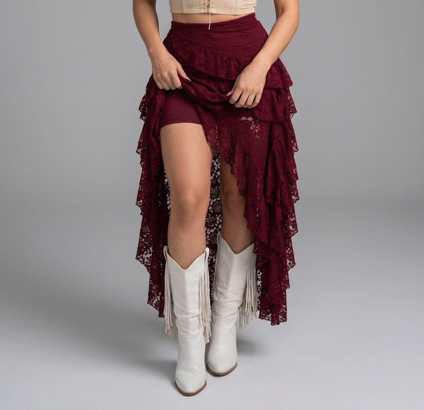 Burgundy Lace High-Low Ruffle Maxi Skirt