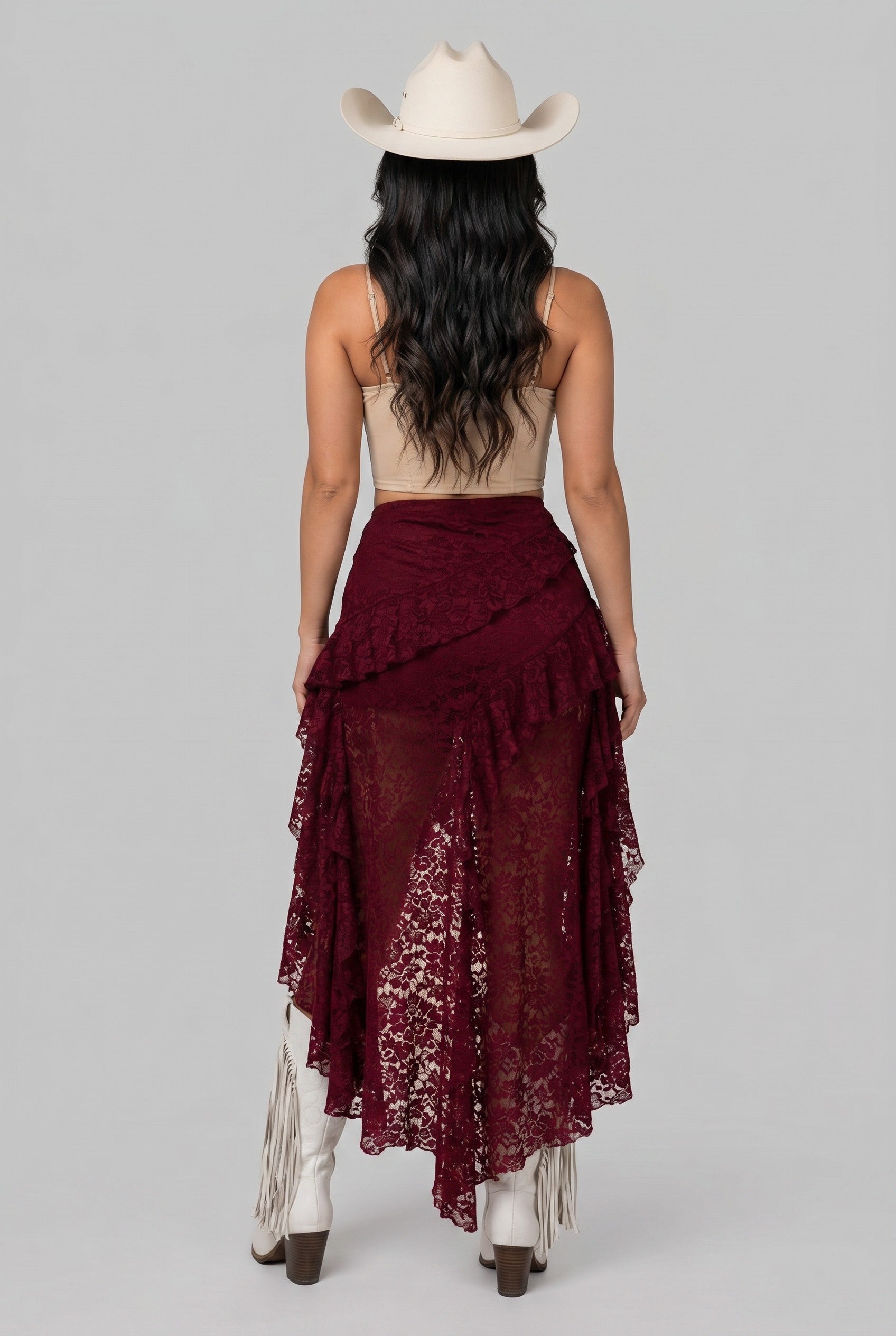 Burgundy Lace High-Low Ruffle Maxi Skirt