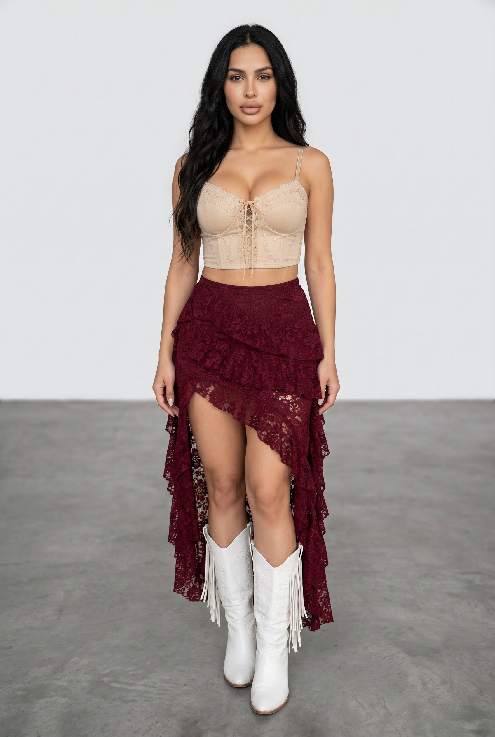 Burgundy Lace High-Low Ruffle Maxi Skirt