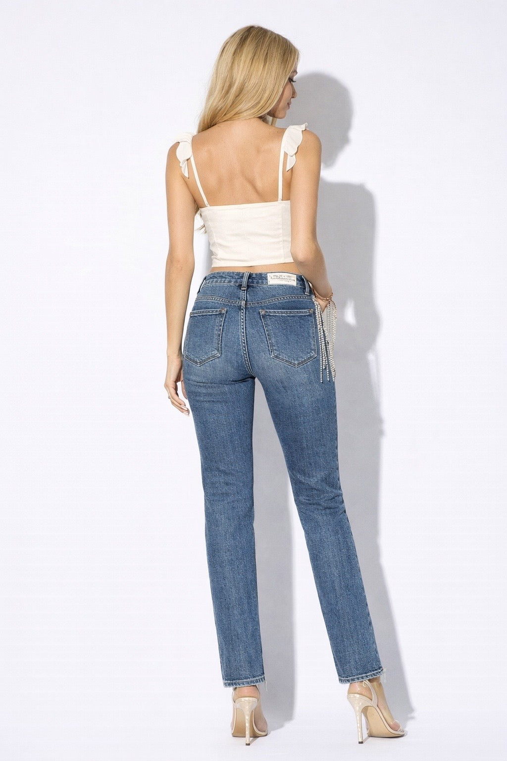 Medium Wash Straight-Leg Jeans with Rhinestone Fringe