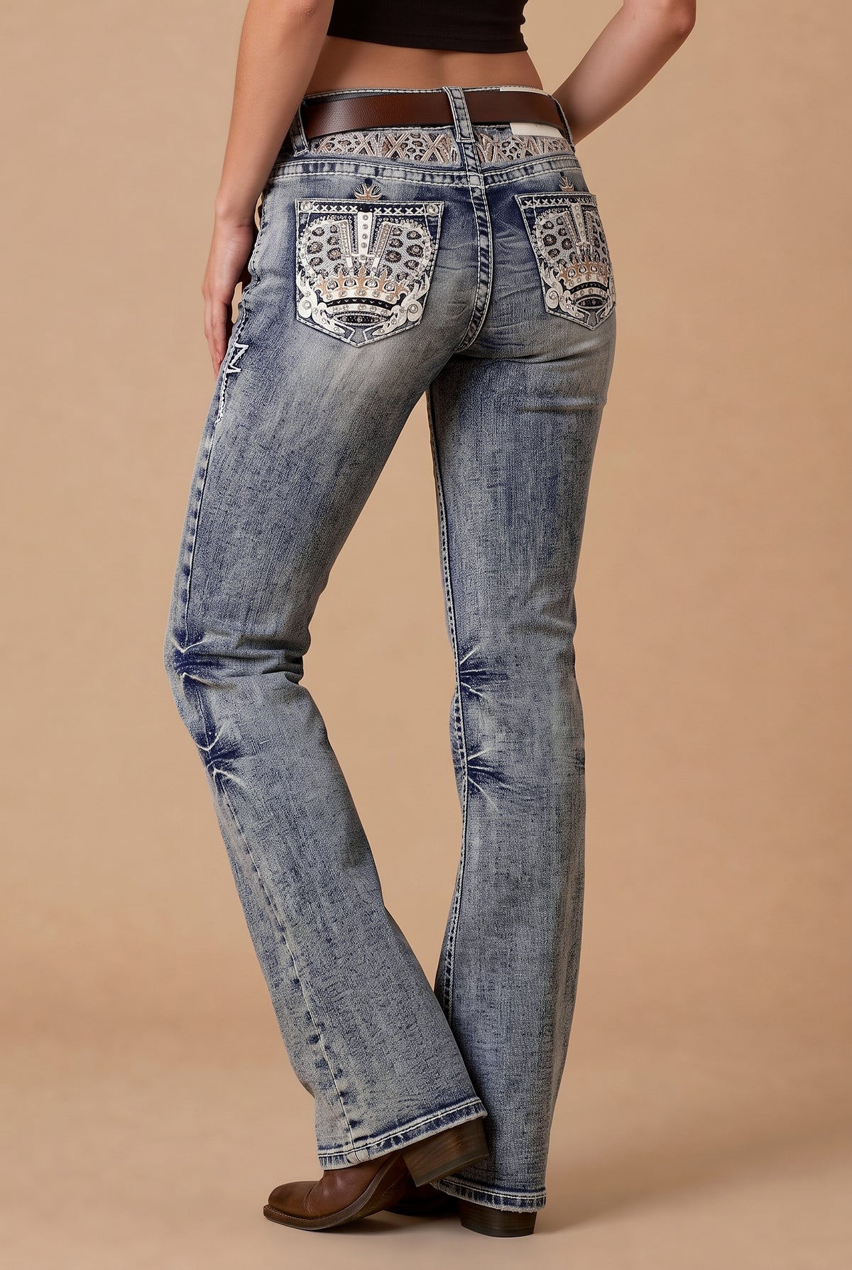 Full back view of Western Blue W265 crown-embroidered bootcut jeans