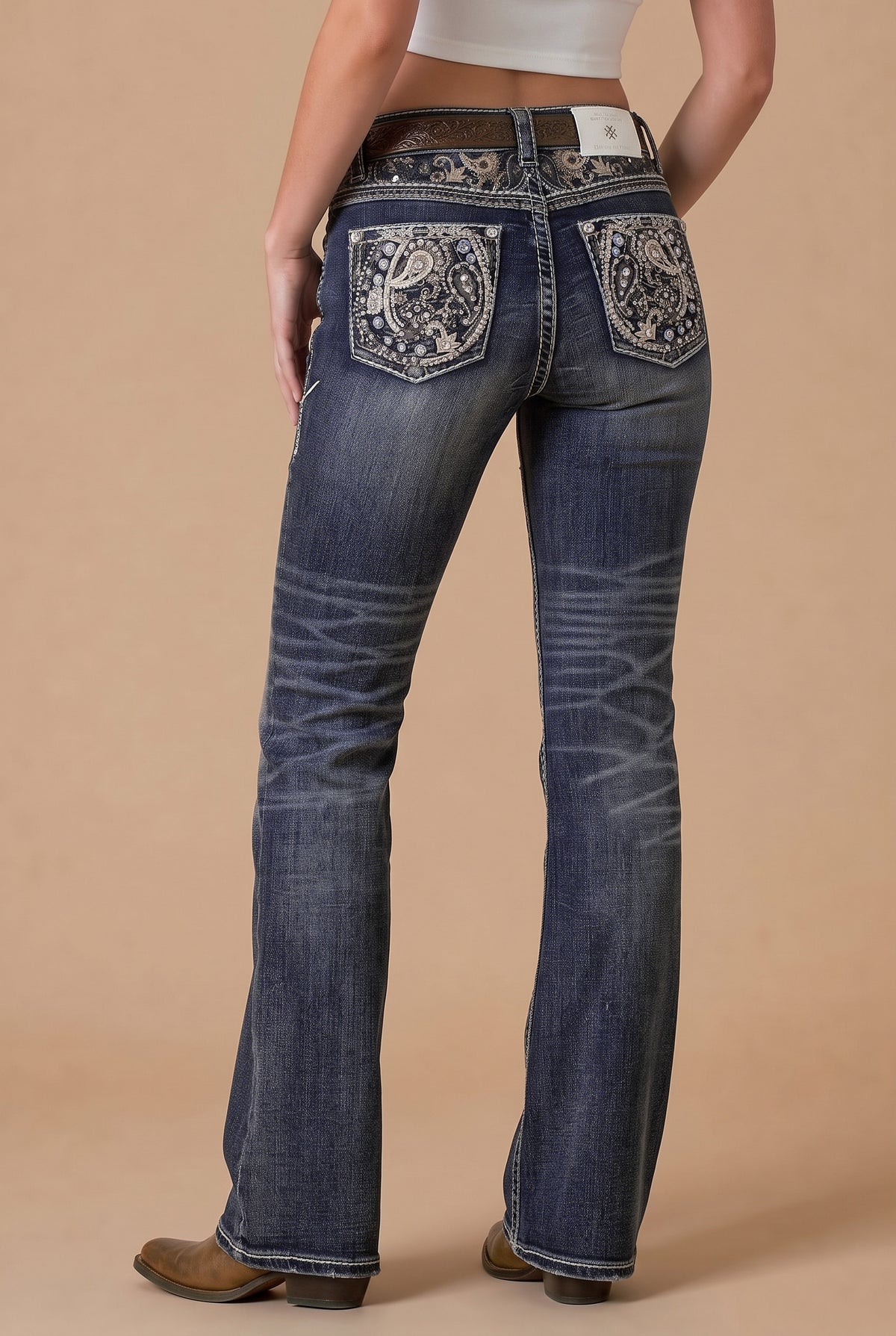 Full back view of Western Blue W262 paisley-embroidered bootcut jeans