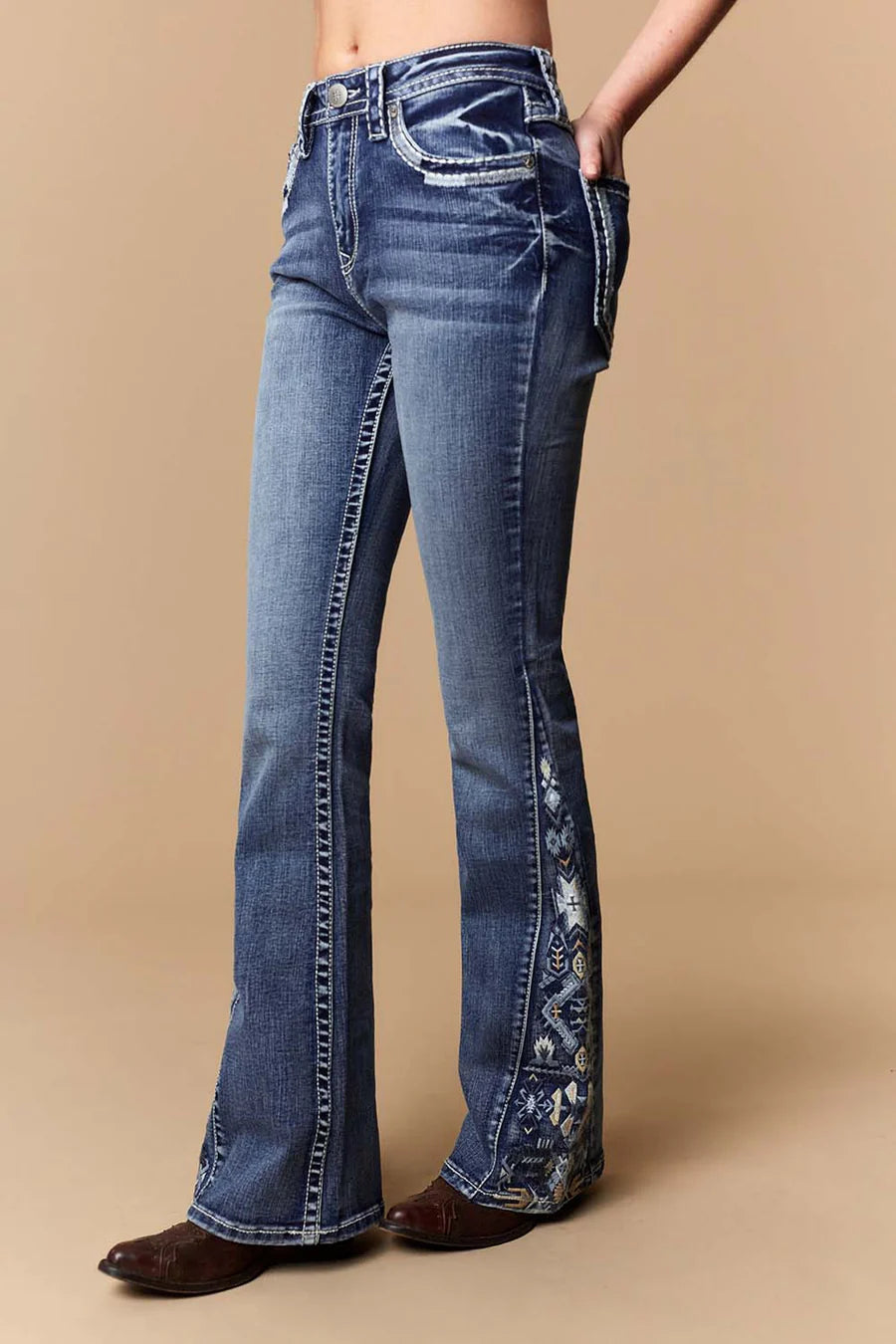 Embroidered Side Panel Flare Jeans