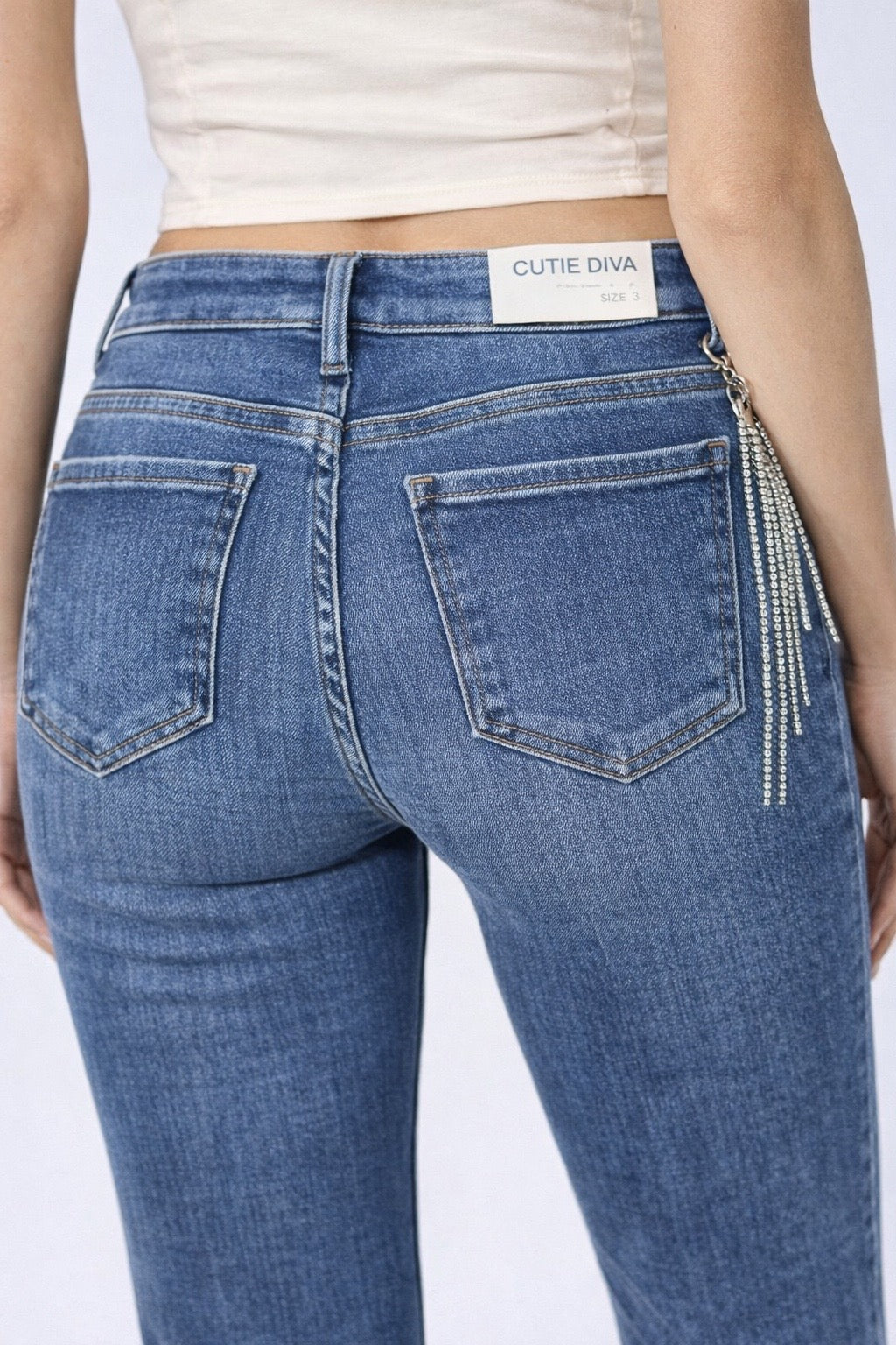 Medium Wash Straight-Leg Jeans with Rhinestone Fringe