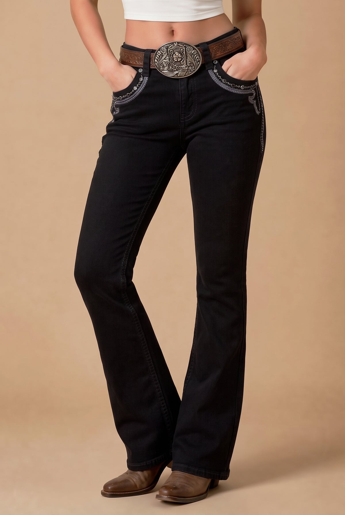 Front model view of Western Blue W268 black mid-rise bootcut jeans