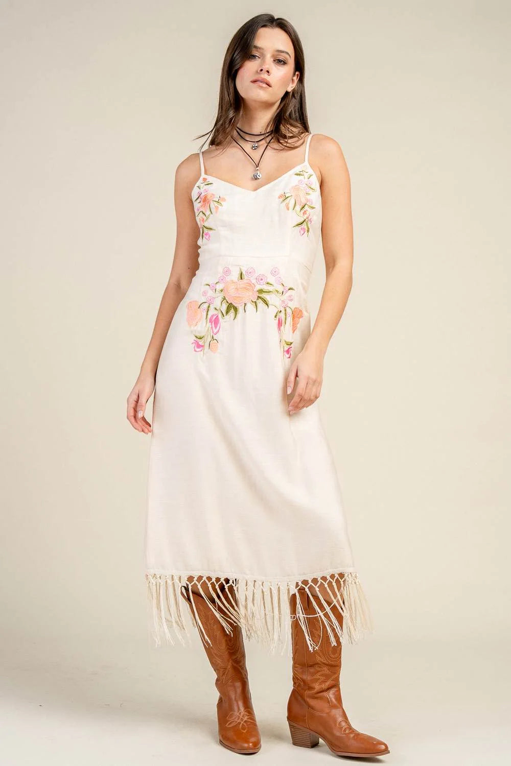 Floral Embroidered Fringe Hem Midi Dress