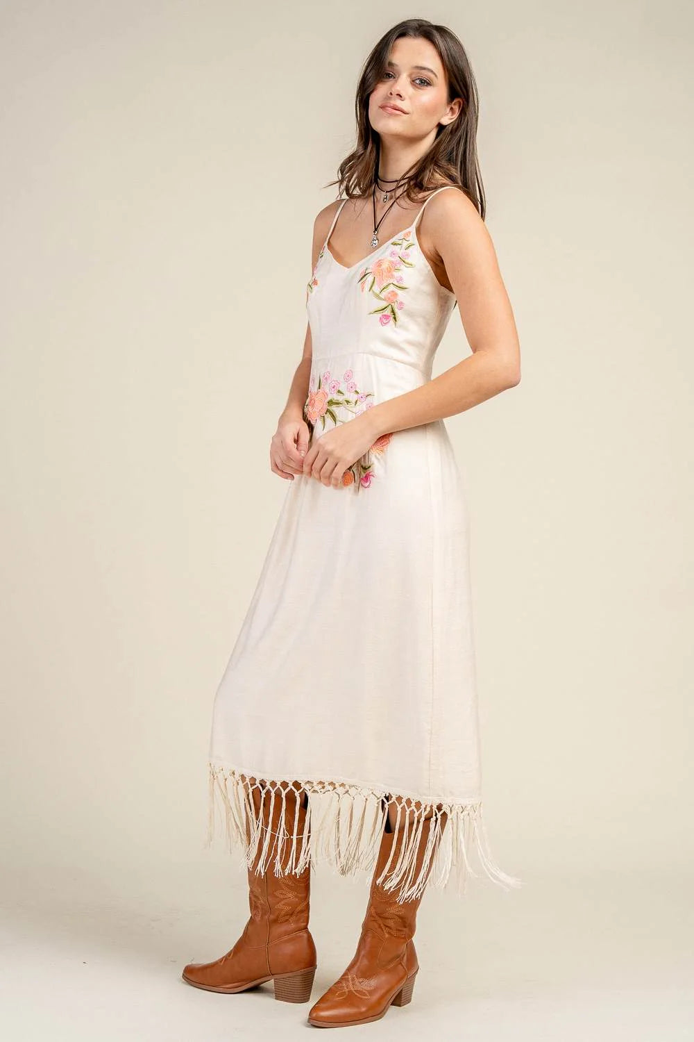 Floral Embroidered Fringe Hem Midi Dress