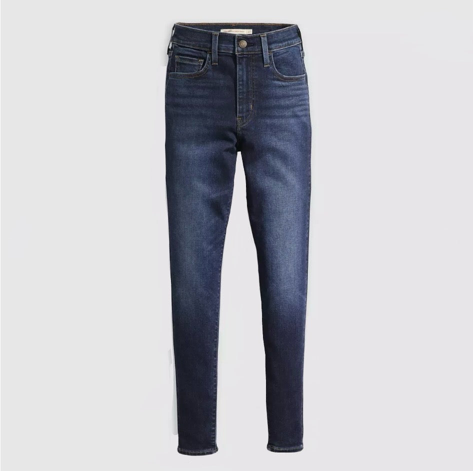 Levi's 720 high rise super skinny women's jeans in dark denim, showing fit and style with front pockets and belt loops.