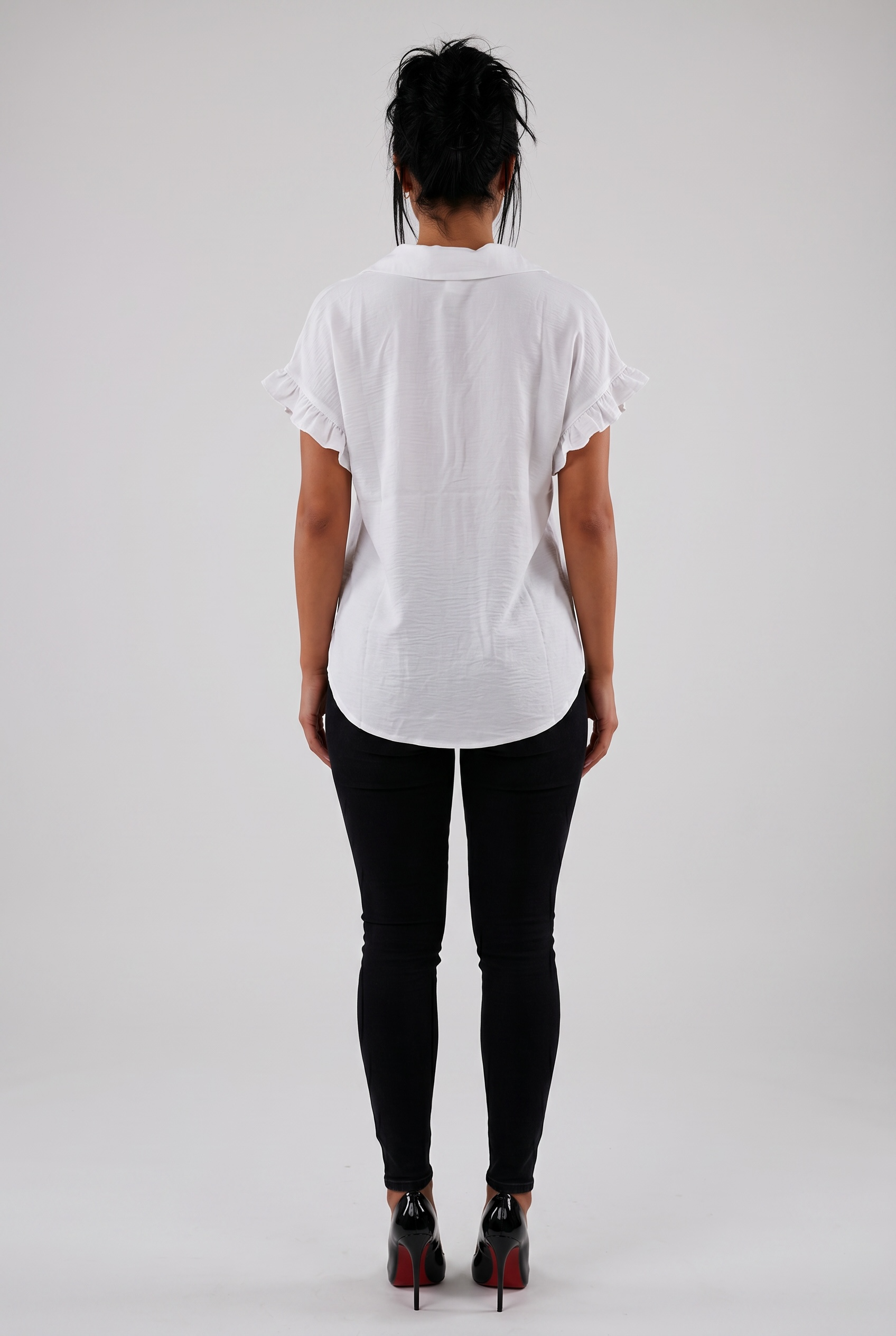 White Ruffle Sleeve Button-Up Blouse