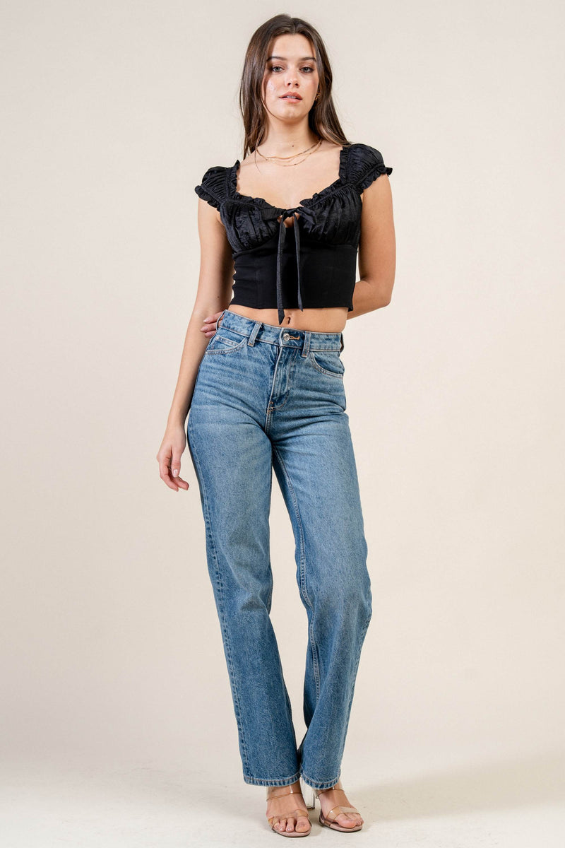 Satin Tie-Front Ruffle Bustier Crop Top