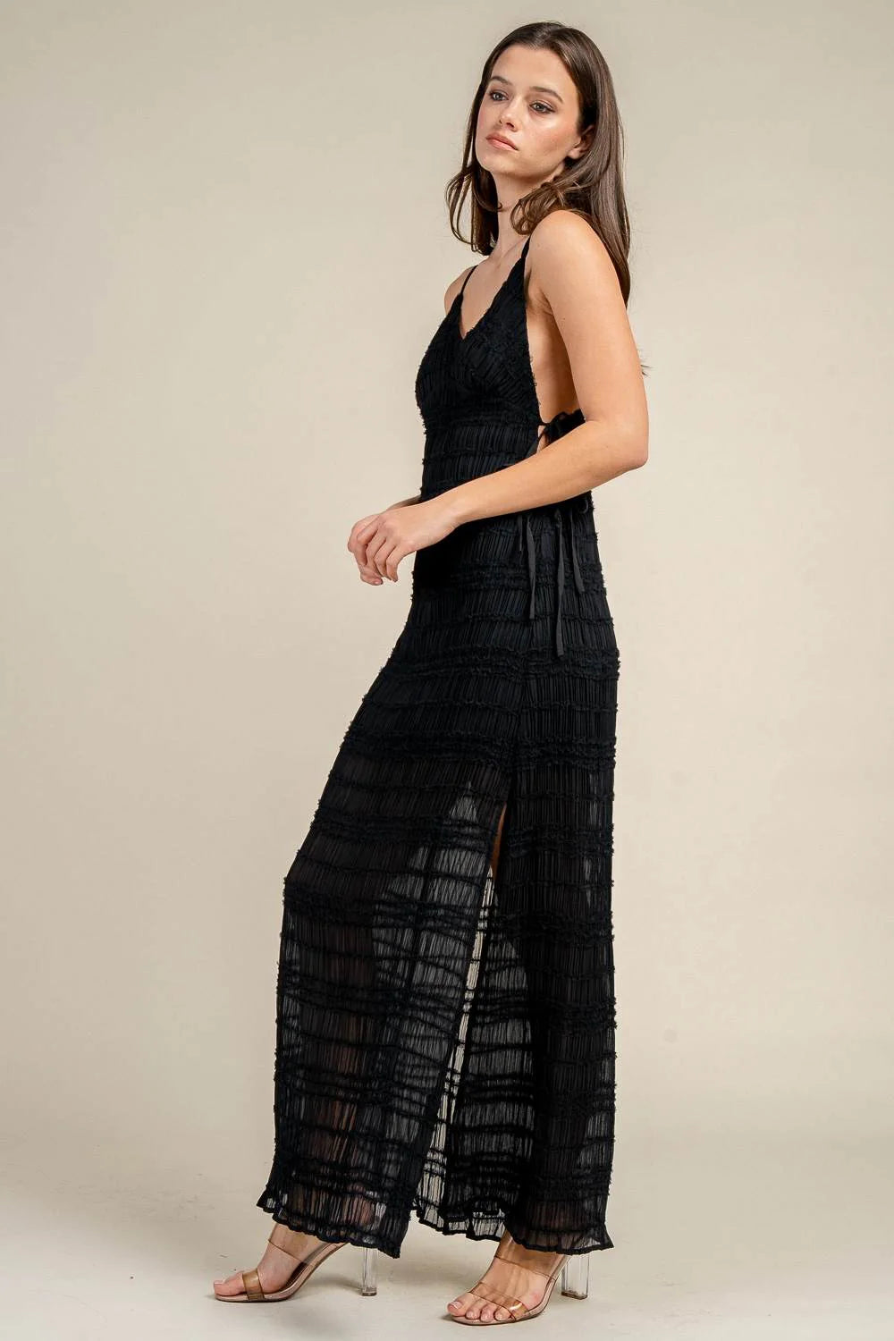 Smocked Spaghetti Strap Tie Side Maxi Dress